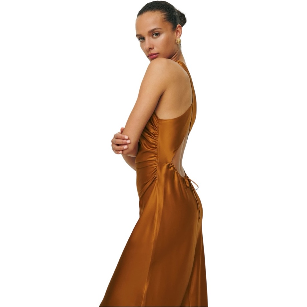 Reformation Glossy Copper-Brown Satin Midi Dress - Picture 2 of 11